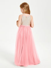 Abito Damigella Junior Lungo Top Con Paillettes Gonna In Tulle Fenicottero