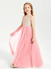 Abito Damigella Junior Lungo Top Con Paillettes Gonna In Tulle Fenicottero