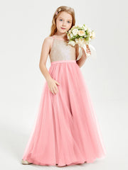 Abito Damigella Junior Lungo Top Con Paillettes Gonna In Tulle Fenicottero