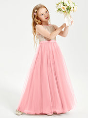 Abito Damigella Junior Lungo Top Con Paillettes Gonna In Tulle Fenicottero