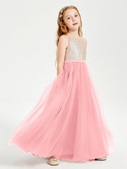 Abito Damigella Junior Lungo Top Con Paillettes Gonna In Tulle Fenicottero
