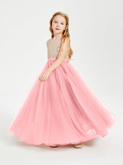 Abito Damigella Junior Lungo Top Con Paillettes Gonna In Tulle Fenicottero