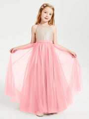 Abito Damigella Junior Lungo Top Con Paillettes Gonna In Tulle Fenicottero