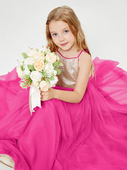Abito Damigella Junior Lungo Top Con Paillettes Gonna In Tulle Fucsia