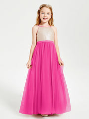 Abito Damigella Junior Lungo Top Con Paillettes Gonna In Tulle Fucsia