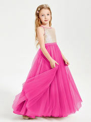 Abito Damigella Junior Lungo Top Con Paillettes Gonna In Tulle Fucsia