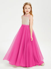 Abito Damigella Junior Lungo Top Con Paillettes Gonna In Tulle Fucsia
