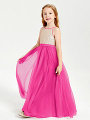 Abito Damigella Junior Lungo Top Con Paillettes Gonna In Tulle Fucsia