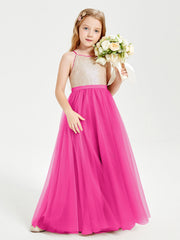Abito Damigella Junior Lungo Top Con Paillettes Gonna In Tulle Fucsia