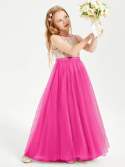 Abito Damigella Junior Lungo Top Con Paillettes Gonna In Tulle Fucsia