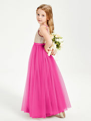 Abito Damigella Junior Lungo Top Con Paillettes Gonna In Tulle Fucsia