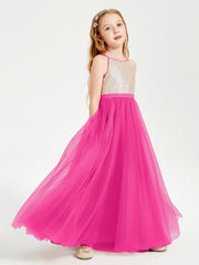 Abito Damigella Junior Lungo Top Con Paillettes Gonna In Tulle Fucsia