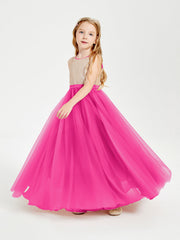 Abito Damigella Junior Lungo Top Con Paillettes Gonna In Tulle Fucsia