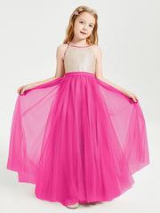 Abito Damigella Junior Lungo Top Con Paillettes Gonna In Tulle Fucsia