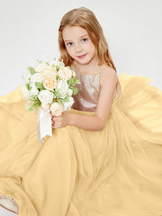 Abito Damigella Junior Lungo Top Con Paillettes Gonna In Tulle Oro