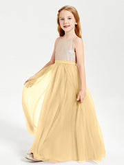 Abito Damigella Junior Lungo Top Con Paillettes Gonna In Tulle Oro