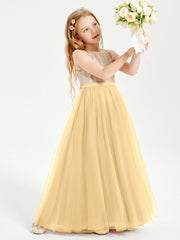 Abito Damigella Junior Lungo Top Con Paillettes Gonna In Tulle Oro