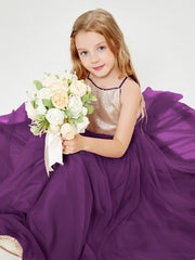 Abito Damigella Junior Lungo Top Con Paillettes Gonna In Tulle Viola