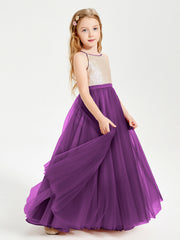 Abito Damigella Junior Lungo Top Con Paillettes Gonna In Tulle Viola