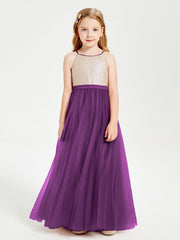 Abito Damigella Junior Lungo Top Con Paillettes Gonna In Tulle Viola