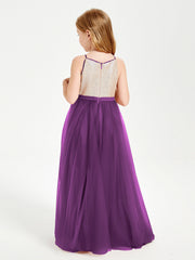 Abito Damigella Junior Lungo Top Con Paillettes Gonna In Tulle Viola