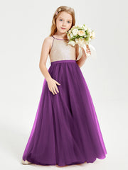 Abito Damigella Junior Lungo Top Con Paillettes Gonna In Tulle Viola