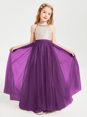 Abito Damigella Junior Lungo Top Con Paillettes Gonna In Tulle Viola