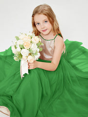 Abito Damigella Junior Lungo Top Con Paillettes Gonna In Tulle Verde