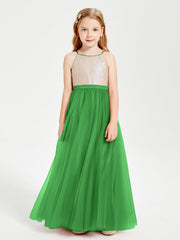 Abito Damigella Junior Lungo Top Con Paillettes Gonna In Tulle Verde