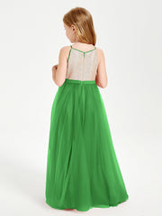 Abito Damigella Junior Lungo Top Con Paillettes Gonna In Tulle Verde