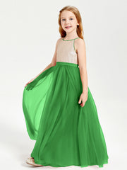 Abito Damigella Junior Lungo Top Con Paillettes Gonna In Tulle Verde