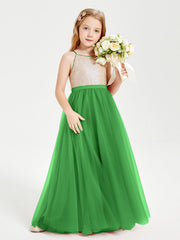 Abito Damigella Junior Lungo Top Con Paillettes Gonna In Tulle Verde