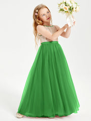 Abito Damigella Junior Lungo Top Con Paillettes Gonna In Tulle Verde