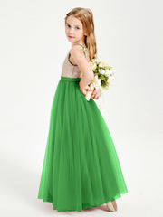 Abito Damigella Junior Lungo Top Con Paillettes Gonna In Tulle Verde