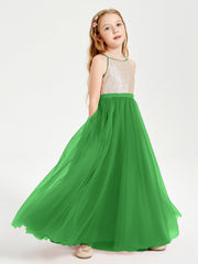 Abito Damigella Junior Lungo Top Con Paillettes Gonna In Tulle Verde