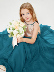 Abito Damigella Junior Lungo Top Con Paillettes Gonna In Tulle Blu Inchiostro