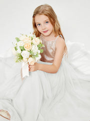 Abito Damigella Junior Lungo Top Con Paillettes Gonna In Tulle Avorio