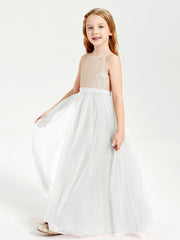 Abito Damigella Junior Lungo Top Con Paillettes Gonna In Tulle Avorio