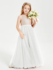 Abito Damigella Junior Lungo Top Con Paillettes Gonna In Tulle Avorio