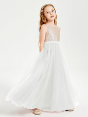 Abito Damigella Junior Lungo Top Con Paillettes Gonna In Tulle Avorio