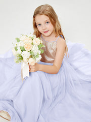 Abito Damigella Junior Lungo Top Con Paillettes Gonna In Tulle Lavanda