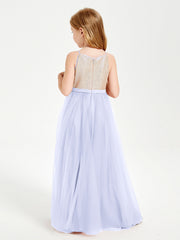 Abito Damigella Junior Lungo Top Con Paillettes Gonna In Tulle Lavanda