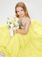 Abito Damigella Junior Lungo Top Con Paillettes Gonna In Tulle Limone