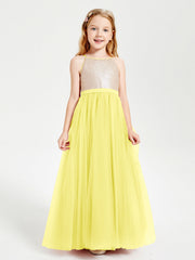 Abito Damigella Junior Lungo Top Con Paillettes Gonna In Tulle Limone