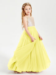 Abito Damigella Junior Lungo Top Con Paillettes Gonna In Tulle Limone