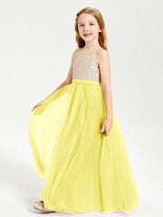 Abito Damigella Junior Lungo Top Con Paillettes Gonna In Tulle Limone