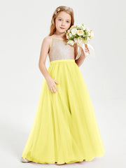 Abito Damigella Junior Lungo Top Con Paillettes Gonna In Tulle Limone