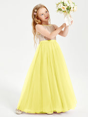 Abito Damigella Junior Lungo Top Con Paillettes Gonna In Tulle Limone