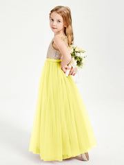 Abito Damigella Junior Lungo Top Con Paillettes Gonna In Tulle Limone
