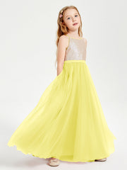 Abito Damigella Junior Lungo Top Con Paillettes Gonna In Tulle Limone